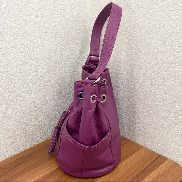 TIGNANELLO Purple Magenta Pebbled Leather Drawstring Tassel Bucket Shoulder Bag - Picture 11 of 16